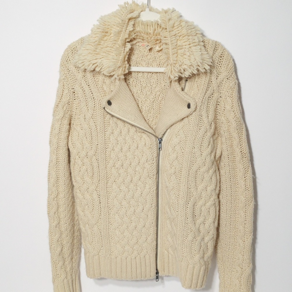 Anthropologie Moth Womens Smal Cable Knit Fringed Moto Zip Jacket Sweater Cream